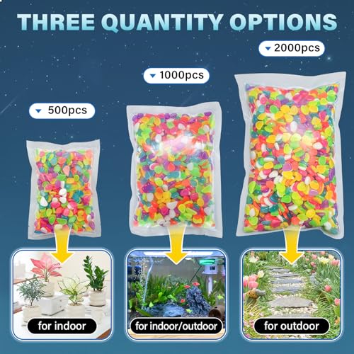 PoYang 1000pcs Glow in The Dark Rocks Outdoor - Multicolor Resin Glowing Pebbles for Landscaping, Garden, Fish Tank & Aquarium Indoor Decor, Powered by Sunlight or Lamplight (0.4"-0.7"/pc, 1.2lbs/bag) - color: Multicolor