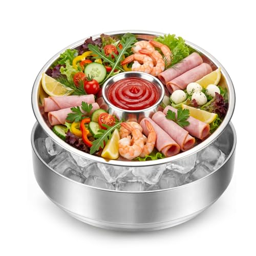 Shrimp Cocktail Serving Dish Chilled Serving Tray for Parties with Ice Bowl Stainless Steel Platter Charcuterie Servings Board Cold Dish for Shrimp Seafood Fruit Vegetable Buffet Restaurant