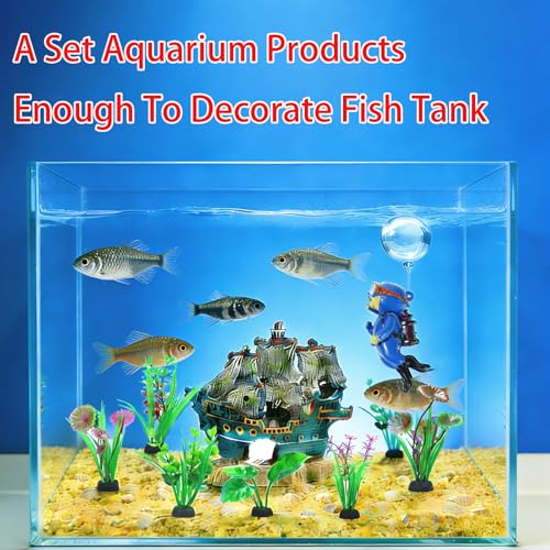 Aquarium Decor Kit, Fish Tank Accessories - Resin Broken Sailboat | Betta Fish Hideout Cave, 6 Artificial Aquatic Plants, 40+ Seashells, 1 Floating Diver, Small Tank Landscaping - color: Broken Sailboat
