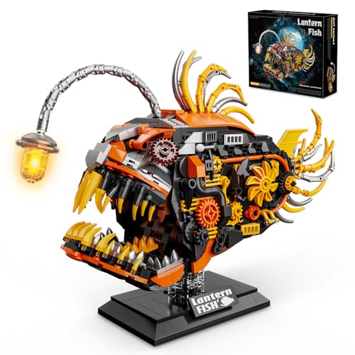 Mechanical Angler Fish Building Set with Light, Creative Ocean Lantern Fish Animal Toy for Home Office Decor, Compatible with Lego Shark, STEM Gift for Adults Teens Boys 8-14+ (1022 PCS) - color: Yellow