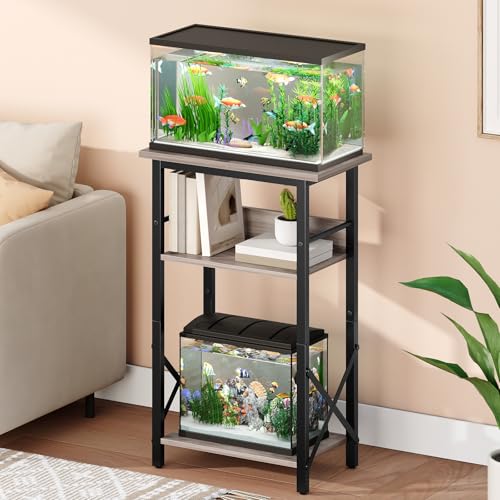 HOOBRO 10 Gallon Aquarium Stand, 3-Tier Fish Tank Stand with Storage, Reptile Turtle Tank Stand with Metal Frame, 20.5" L x 11" W , Greige BG52FT01 - color: Greige + Black