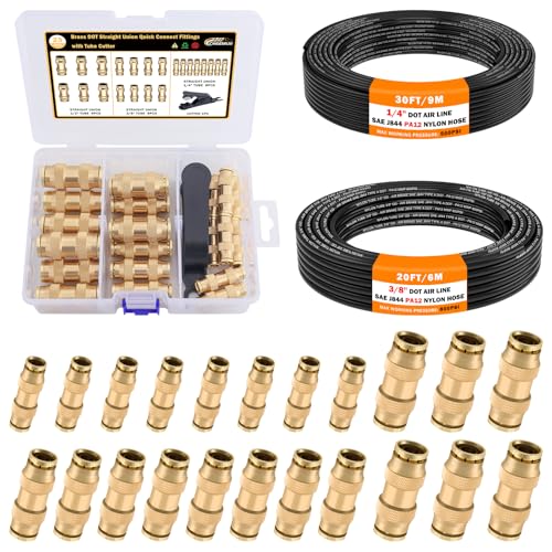CheeMuii 23 PCS Brass DOT Air Line Fittings with 30FT 1/4" and 20FT 3/8" DOT Air Line Kit Push Lock Quick Connect Fittings with Pneumatic Tubing Set - size: 25 PCS