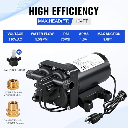 ECO-WORTHY 110V AC Fresh Transfer Diaphragm Water Pump On Demand 5.5GPM 70PSI High Pressure Water Booster Pump 110 Volt with Pressure Switch for Irrigation Garden Hose Sprinkler Home RV - size: 5.5GPM-70PSI-110V-Standard Package