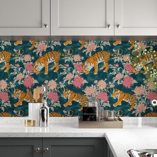 Tiger Wallpaper Peel and Stick, Vintage Blue Animal Floral Contact Paper 17.5" x 118", Antique Flower Wall Paper Self Adhesive Removable Waterproof for Bathroom Walls Shelves Cabinet Table Decor - color: Blue/Pink/Yellow, size: 17.5" x 118"