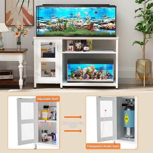 BEURUKU 55-75 Gallon Fish Tank Stand with Cabinet, Aquarium Stand for Fish Tank Accessories Storage, Heavy Duty Metal Terrarium Stand, 52" L*19" W Tabletop, 1200LBS Capacity, White - color: White, size: 55-75 Gallon