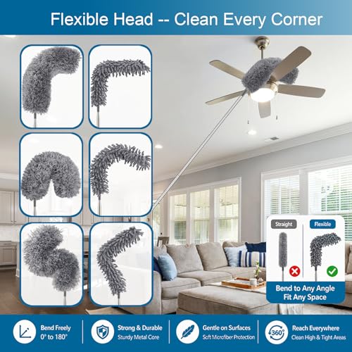 Microfiber Feather Duster, Duster with Extension Pole 30-100 Inches,Ceiling Fan Cleaner Duster Retractable Gap Dust Brush Cleaner for Cleaning Cobweb,High Ceiling,Blinds, (Dark Gray)