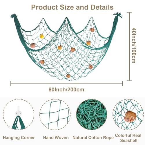80x40 Inch Decorative Fishing Net w/Shells & Clips, 3mm Thickness Aqua Natural Cotton Large Photo Hanging Fishnet, Wall Party Decorations for Nautical Pirate Hawaii Underwater Mermaid Themed Party - color: Aqua, size: Large - 1 Pack with shells