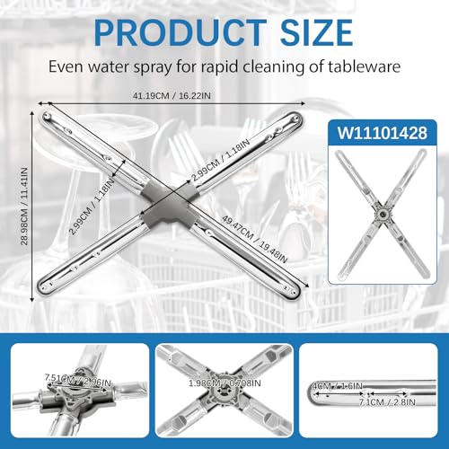 W11101428 Dishwasher Lower Wash Arm，W10665718 Bottom Spray Bar Part, Compatible with Whirlpool Kitchenaid Jenn-Air, Replaceable W10406822,W10858786 Lower Wash Arm Replaces