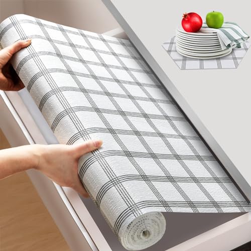 Beautysaid Shelf and Drawer Liner for Kitchen Cabinet, Non Adhesive Non Slip Shelf Paper Waterproof Washable Thickened for Dresser Pantry Shelve Bathroom Protector Liner(Plaid,12 in x 20FT) - color: White and Grey, size: 12"W x 236"L