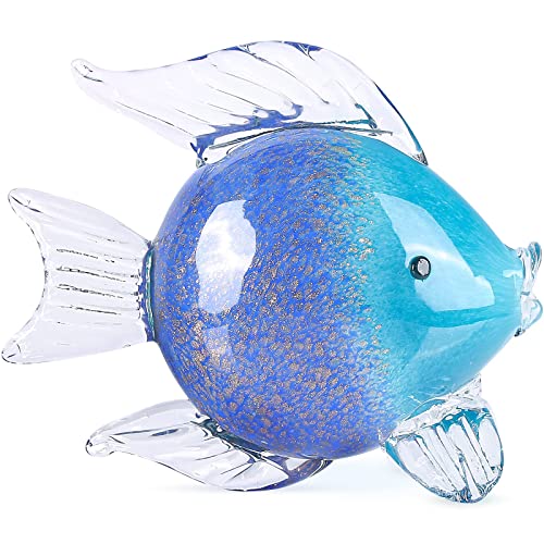 Blue Glass Fish Art Decoration Hand Blown Glass Fish Figurine, Art Paperweight Collection, Modern Office Luxury Decorations(WA-7)