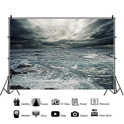 Renaiss Stormy Sea Backdrop for Photoshoot Adults Kids Portrait Marine Low Dark Clouds Waves Reef Misty Ocean Photography Background Nautical Pirate Themed Party Decors 8x6ft Banner Photo Booth Props - size: 8x6ft