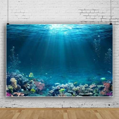 Under The Sea Backdrop 10x8ft Ocean Backdrop Underwater World Sunlight Background for Summer Theme Hawaii Luau Birthday Party Studio Props - color: Abyss Blue, size: 10x8ft (300x240cm)