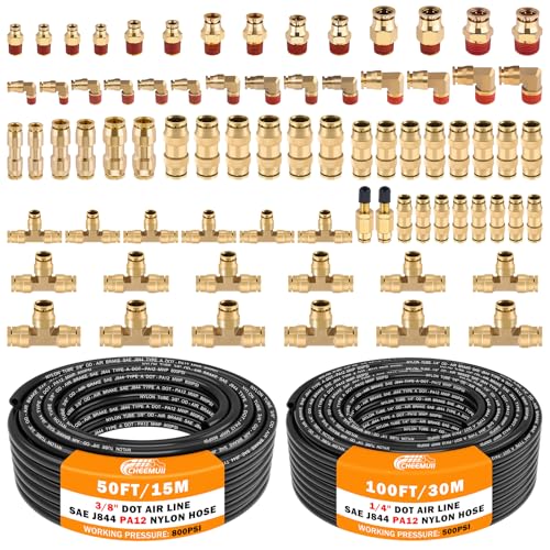 CheeMuii 76 PCS Brass DOT Air Line Fittings with 100FT 1/4" and 50FT 3/8" DOT Air Line Kit Push Lock Air Fitting Quick Connect & NPT Thread Fittings with Pneumatic Tubing Set - size: 2ROLL-80PCS-BLACK