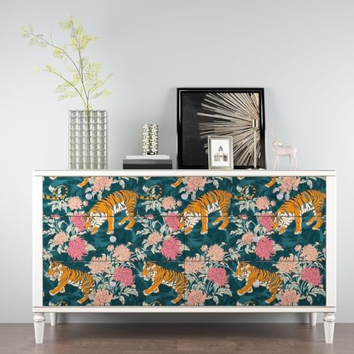 Tiger Wallpaper Peel and Stick, Vintage Blue Animal Floral Contact Paper 17.5" x 118", Antique Flower Wall Paper Self Adhesive Removable Waterproof for Bathroom Walls Shelves Cabinet Table Decor - color: Blue/Pink/Yellow, size: 17.5" x 118"