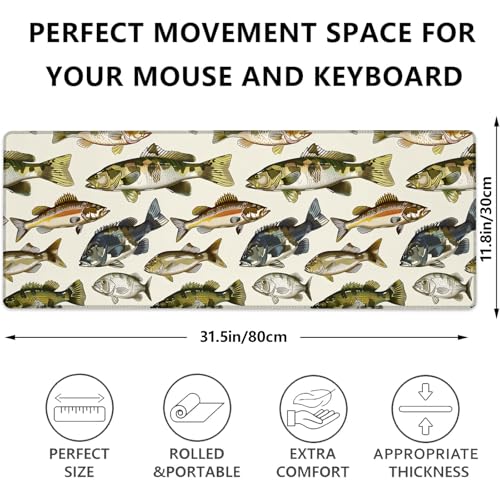 Retro Fish Gaming Mouse Pad, Realistic Aquatic Illustration Large Desk Mat for Computer, Extended Keyboard Laptop Mouse Pads 31.5×11.8in, Non Slip Rubber Mousepad for Office Decor Gifts - color: Fish23