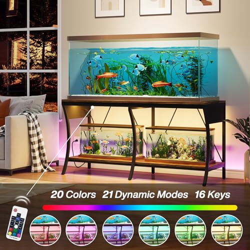 55-90 Gallon Fish Tank Stand with Power Outlets, 2-Tier Aquarium Stand with LED Light Strip & Open Storage Shelves, Heavy Duty Metal Table for Reptile Tank, 1150 LBS Capacity - color: Brown and Black