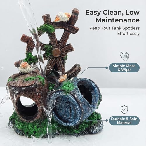 Mipukbay Fish Tank Decoration, Broken Ship Wheel & Cask Aquarium Decor Hiding Cave Ornament for Freshwater/Saltwater, Safe Landscaping Rock Resin Decoration for Betta Fish, Goldfish and Aquatic Pets - size: Broken Ship Wheel