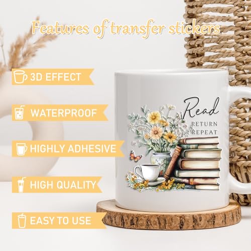 Rngmsi Vintage UV DTF Cup Wrap - 20 Sheets Reading Books UVDTF Decals for 16 oz Glass Cups, Flower Waterproof Bookish Rub on Transfer Stickers for Water Botters, DIY Crafts Book Lover Gift - style: Reading Books