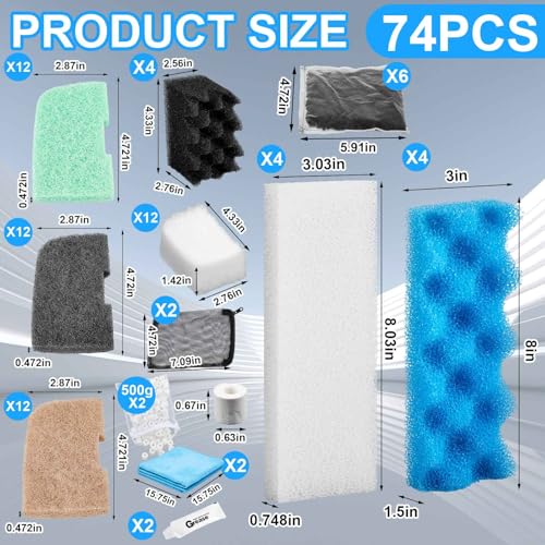 Threlaco 74 Pcs Filter Media Compatible with Fluval 306/307, Aquarium Replacement Media Kit, Foam, Activated Carbon, Nitrite/Phosphate/Ammonia Remover, Towel, Grease, Mesh Bags - style: 306/307