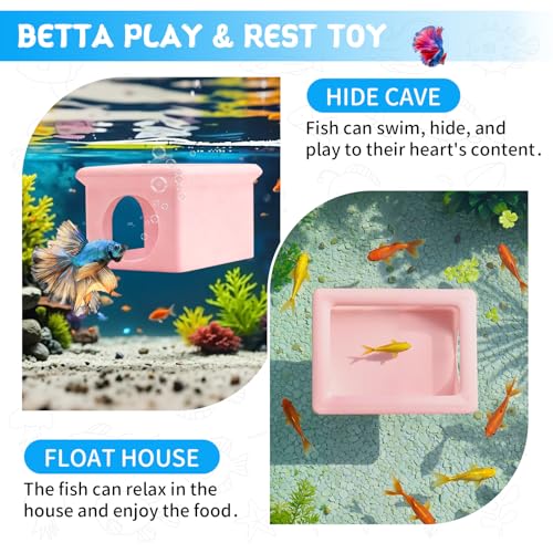 Floating Betta Fish Hammock Cave House for Aquarium, 3D Printed Betta Shrimp Feeder & Hideout Cave Toys, Small Aquarium Feeding Ring Decor, Turtle Fish Tank Decorations Accessories -Pink - color: Bright Pink
