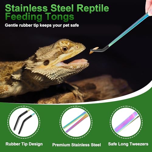 LveSunny 3PCS Stainless Steel Reptile Feeding Tongs, Reptile Tweezers Set with 10.6" Straight & Curved Rubber Tips, Feeding Tongs for Reptiles and Feeding Accessories for Aquarium & Terrarium