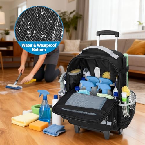 HODRANT Large Rolling Cleaning Backpack with Detachable Trolley & Waterproof Bottom, Cleaning Supplies Bag with Handle & Support Plate, Cleaner Caddy Organizer for Car Wash & Housekeeping Tool Storage