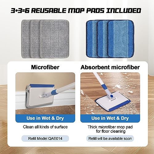 Qaestfy Baseboard Cleaner Tool with Handle, Wall Floor Mop with Extendable Long Handle Duster for Cleaning Window, Floor, Skirting Board, Ceiling, Shower, Tub Tile, Kitchen with 6 Reusable Pads