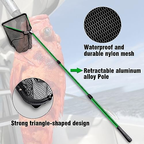Fiblink Folding Aluminum Fishing Landing Net Fish Net with Extending Telescoping Pole Handle - style: Green:59-118 Inches (Extend Length)