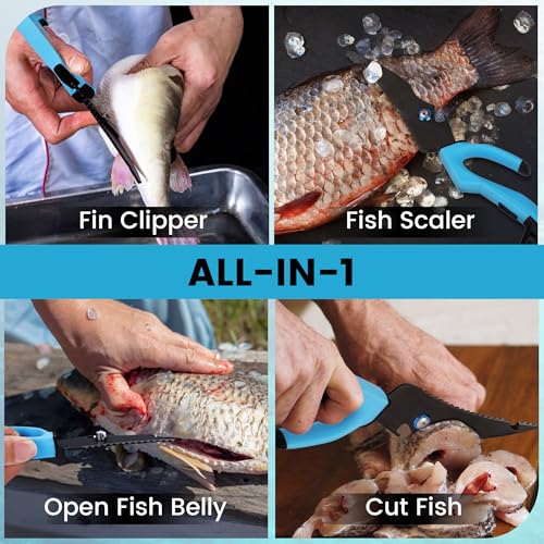 FLISSA 10" Fishing Scissors, Stainless Steel Detachable Kitchen Scissors, Fishing Shears with Fin Clipper & Fish Scaler, Non-Slip Grip, Protective Sheath