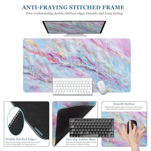Desk Mat, Desk Matt for Desktop, DeskPad Mat, XXL Large Mouse Pad for desks, Anti-Slip Big Mousepad with Stitched Edges, Keyboard Pad Mouse Mats for Computer, Work, Game, Office, Home, Purple Marble - color: Colored Marble, size: 31.5" x 15.7"