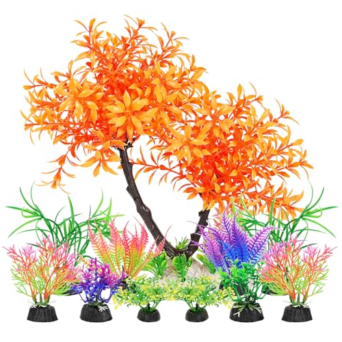 AQUANEAT Artificial Aquarium Plants, Fish Tank Orange Tree Decoration Set, Plastic Accessories, 11pcs - color: Orange