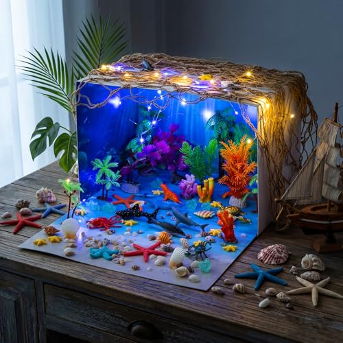 Teyva Daily 60 Pcs Ocean Diorama Kit Habitat Project Box Set Ocean Diorama Supplies Include Sea Animal Figures Artificial Coral Artificial Trees Sea Grass with Cardboard for DIY Craft Gifts - color: Sea