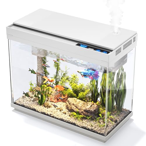 Fish Tank 2.4 Gallon Aquarium Kit with Humidifier 7-Color Auto-Looping 3 in 1 Quiet Pump with Filteration & Oxygenation & Circulation, Temperature Display, HD Glass - color: White