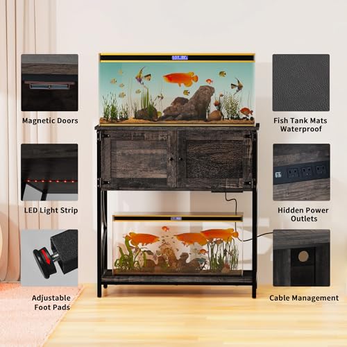 20-29 Gallon Fish Tank Stand, Aquarium Stand with Power Outlets &LED Light, Metal Frame Fish Tank Stand with Cabinet Accessories Storage, 30.7" L*15.7" W Tabletop, 330LBS Capacity, Dark Oak - color: Dark Oak