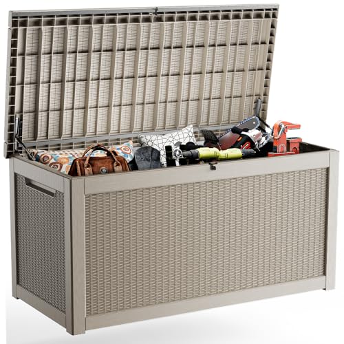 ROJIK Outdoor Storage Housing Deck Box,Waterproof Patio Furniture, Garden Tools, Cushions, Pool Accessories Storage Bench with Lockable Lid and Side Handles (Grey,320 Gallon) - color: Grey, size: 320 Gallon