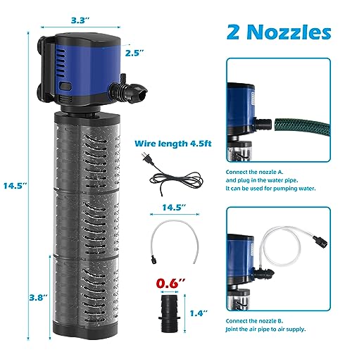 TARARIUM Fish Tank Filter Powerful 400GPH for 75-200 Gallon Large Aquarium Small Pond Fountain, Wave-Maker Submersible Water Pump Turtle Tank Filter for Saltwater & Freshwater System - size: JQP-1500F-400GPH (for 75-200 Gallon)