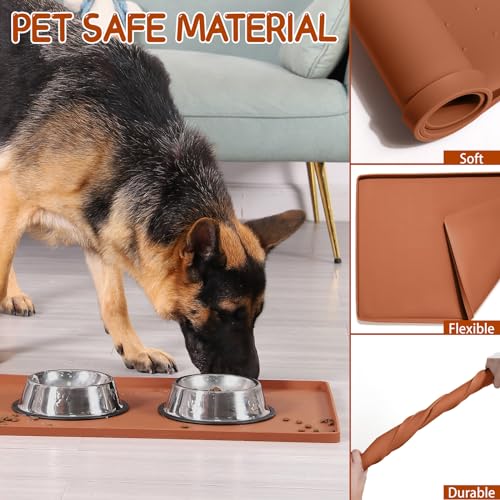 MateeyLife Silicone Cat & Dog Food Mat for Floors Waterproof, Anti-Slip Dog Bowl Mats for Food and Water, Pet Feeding Mats with Lip to Prevent Spills, Pet Placemat for Messy Drinkers to Protect Floors - color: Brown, size: 22''×14''