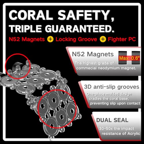 Coral Frag Rack for Aquarium, N52 Strong Magnetic Holder with 12 Frag Plugs, Polycarbonate Not Acrylic Never Yellow, Stackable Non-Slip Base, Fits up to 0.6" Glass, Reef Magnets Rack