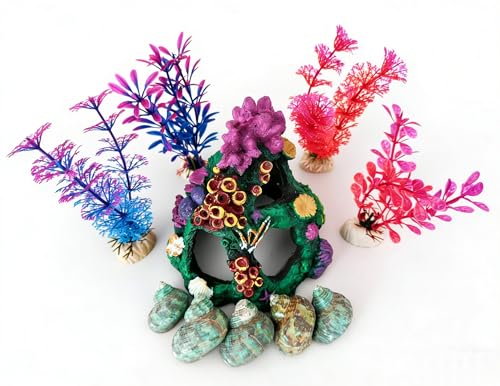 10PCS Fish Tank Decorations Coral Aquarium Decor, Resin Coral Mountain Cave Fish House, Betta Fish Hideout for Rest Hide Play Breed, Aquarium Decor Accessories with Plants