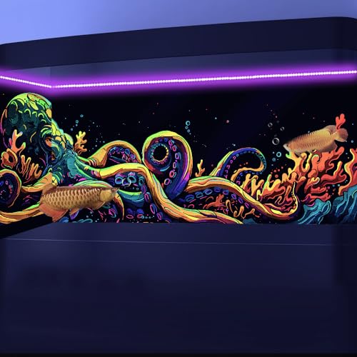 30X18IN Blacklight Octopus Sea Monster HD 3D Black Light Aquarium Background UV Reactive Background Terrarium Background with 10 EVA Double-Sided Tape - size: 30X18in/75X45cm