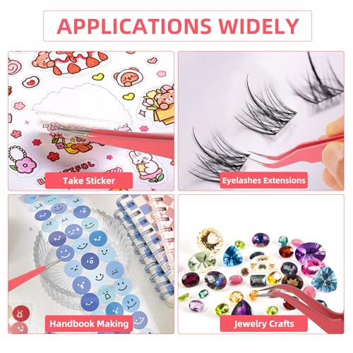 FEITA Pink Precision Craft Tweezers Set, Upgraded Stainless Steel Pointy, Curved, Falt Twizers for Crafting, Bead, Sticker, Jewelry-Making, Hobby Tools