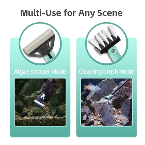 Algae Scraper for Glass Aquariums, 2 in 1 Adjustable Algae Scraper with 5 Stainless Steel Blades and Cleaning Brush, Aquarium Glass Cleaning Tools for 20-40 Gallon Fish Tank