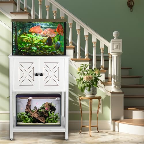 BEURUKU 5-10 Gallon Fish Tank Stand, Heavy Duty Aquarium Stand with Cabinet & Power Outlets for Fish Tank Accessories Storage, Double Reptile Terrarium Stand 20.5" L* 11" W Tabletop, White - color: White, size: 5-10 Gallon