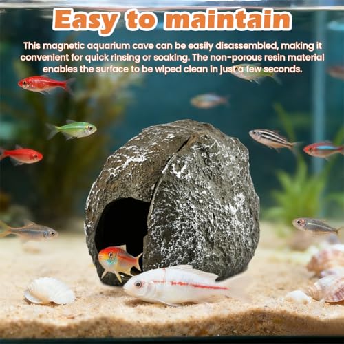 Magnetic Aquarium Cave Magnetic Rocks Fish Tank Decor with Strong Magnetics Resin Pleco Hideout for Bettas Easy Viewing Shelter(Color:Brown)
