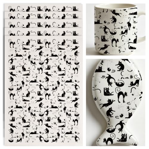 SUPERDANT 4PCS Cute Cats Underglaze Paper Transfer Kitty Animal Transfer Paper for Clay Ceramic Porcelain Under Glaze Transfers for Pottery Enamel Decals Black Underglaze Decal Papers - style: Cats
