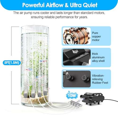 AQQA Powerful Aquarium Air Pump with Controller, Feeding Mode, 9-Speed Airflow Adjustable 4 Air Outlets Oxygen Aerator with Complete Accessories for Large Fish Tanks, Ponds & Seafood Markets (10W/15W) - size: 10W, 237GPH