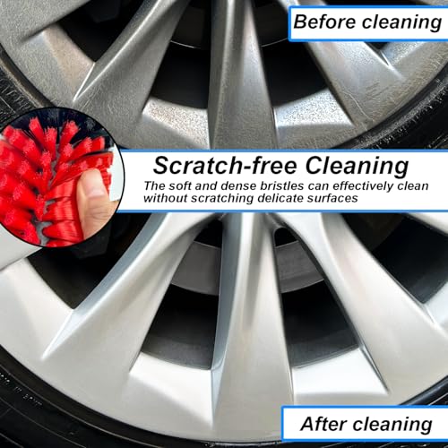 Wheel Brush Kit, Soft Drill Wheel Cleaner Brush, No Scratches Highly Dense Car Cleaning Brush Set for Wheels, Rims, Engines, Exhaust(Red/Black,2Pcs) - color: Red/Black,2pcs
