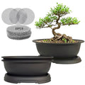 MUZHI 3 Pack Oval Bonsai Training Pot with Drainage Tray, Matte Finish Nursery Plastic Bonsai Planter with 25PCS 2inch Mesh pad (5.2" Small) - size: 5.2" Small