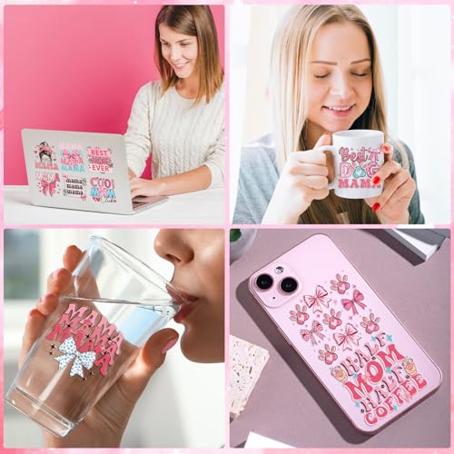 Rngmsi Mama UVDTF Cup Wrap - 20 Sheets Mom UV DTF Cup Wraps for 16 oz, Pink Bow Aesthetic Uvdtf Stickers for Glass Water Botters, Rainbow Flower Affirmative Rub on Transfer Decals - style: Mama