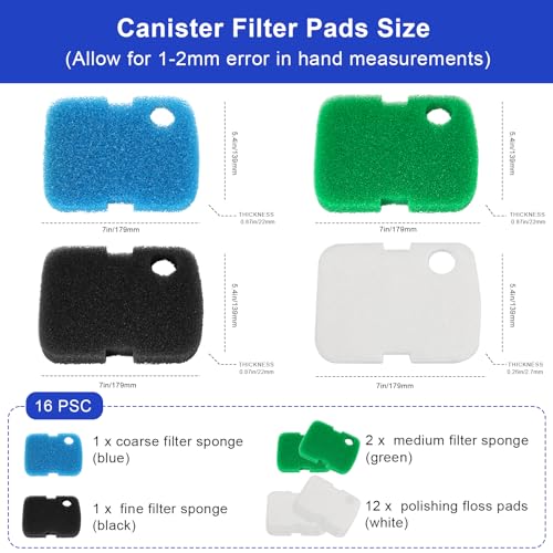 16 PCS Replacement Canister Filter Media Pad Compatible with Penn Plax Cascade 700/1000 CCF2UL/CCF3UL, Aquarium Bio Floss Pads Part, Activated Carbon Sponge Filters Pads for Fish Tank
